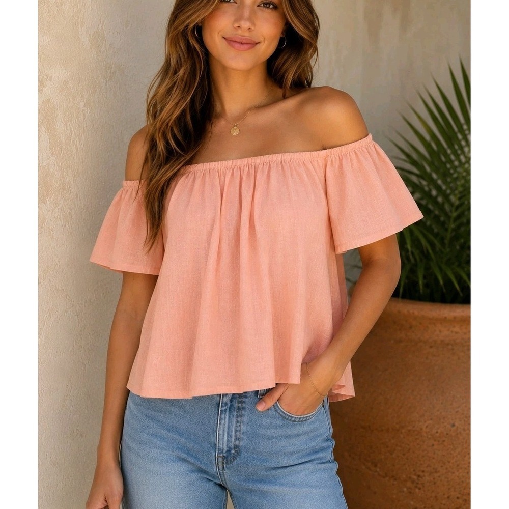 Express Off Shoulder Peasant Blouse Coral Smocked Cotton Linen Blend S Top Shirt